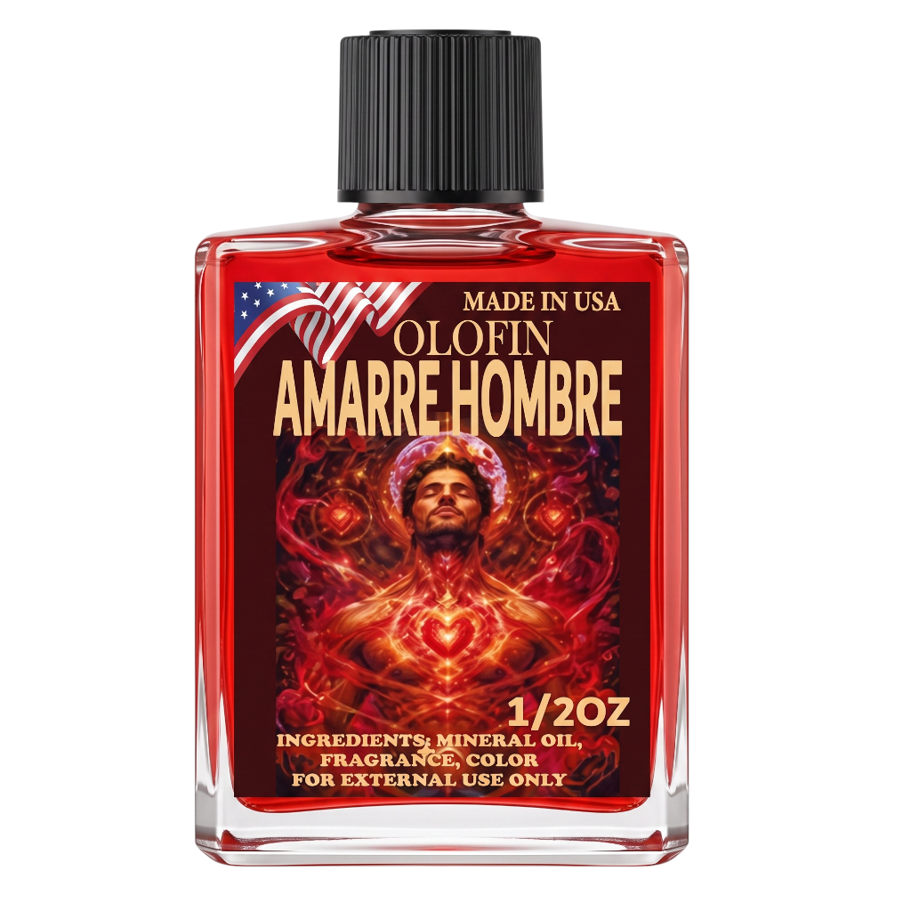 A 1/2 oz glass bottle of Olofin Amarre Hombre fragrance oil, featuring a black ribbed cap and a red label with a detailed graphic of a man's chest and heart.