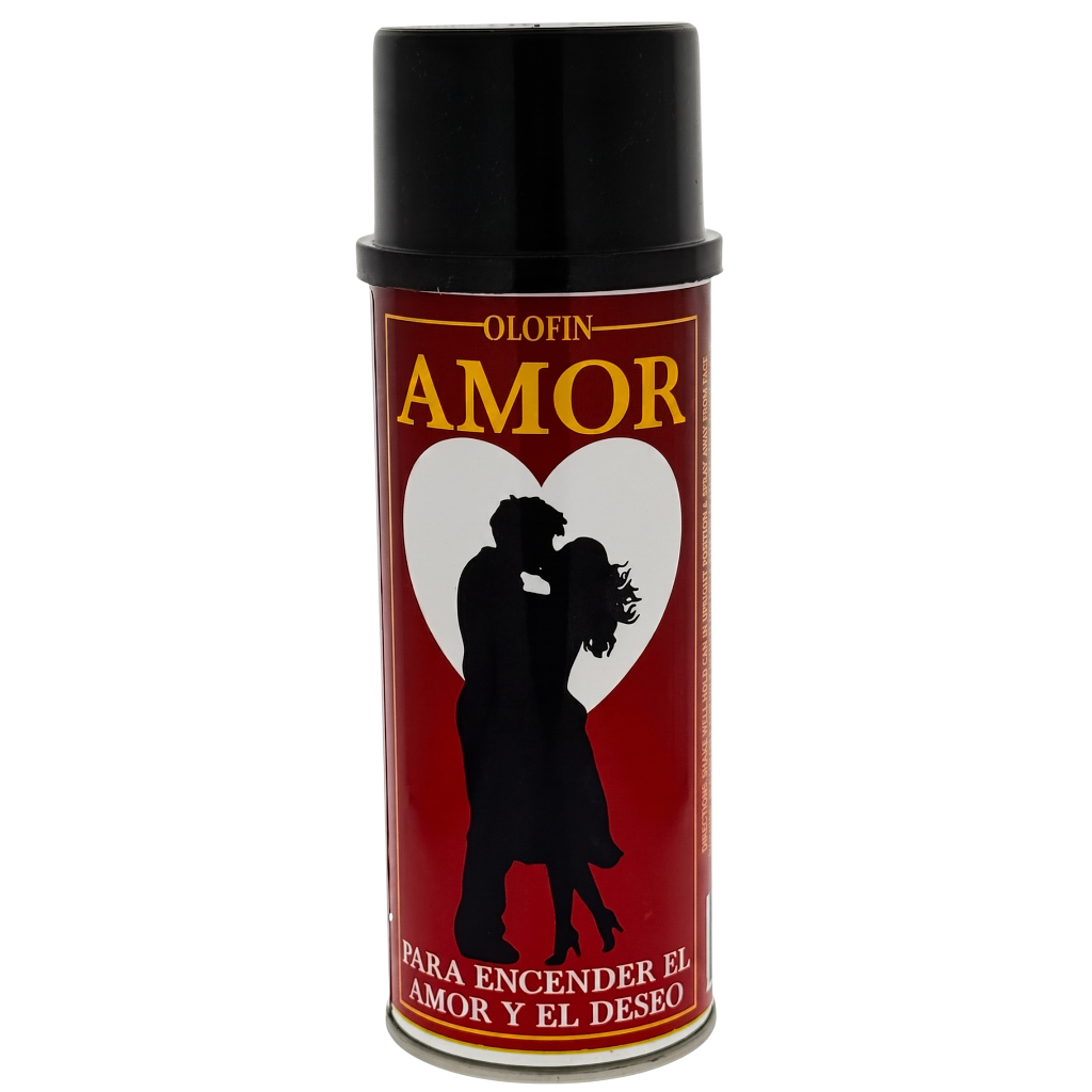 A cylindrical spray can of Olofin Amor perfume or fragrance, featuring a black cap and a red label with a white heart, black silhouette of a couple, and gold and white text.