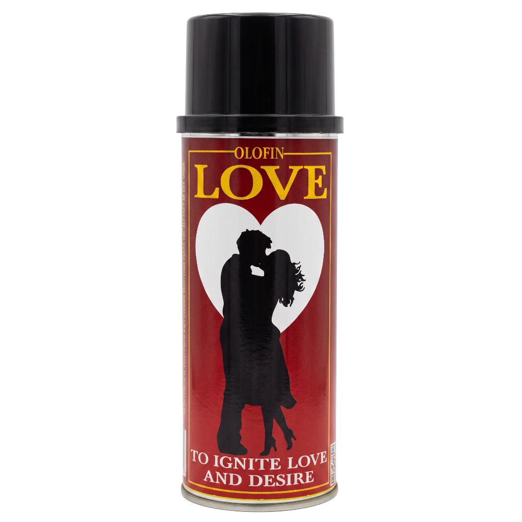 A cylindrical aerosol can of Olofin Love spray with a black cap and a red label featuring a white heart and black silhouette of a couple, on a white background.