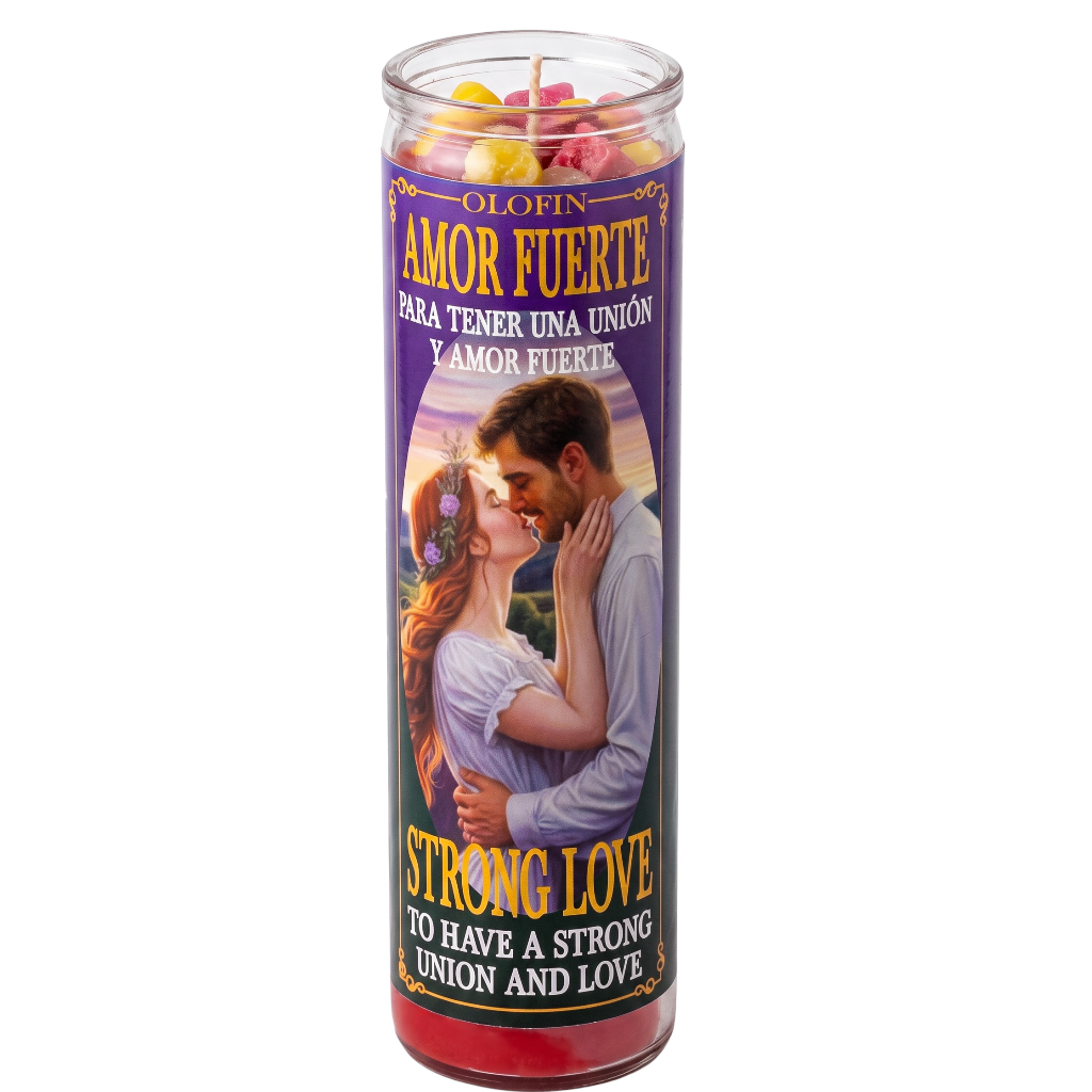 A tall glass jar candle with a purple label featuring a romantic couple illustration and Spanish and English text reading 'Amor Fuerte' and 'Strong Love.' The candle is shown upright on a plain white background.