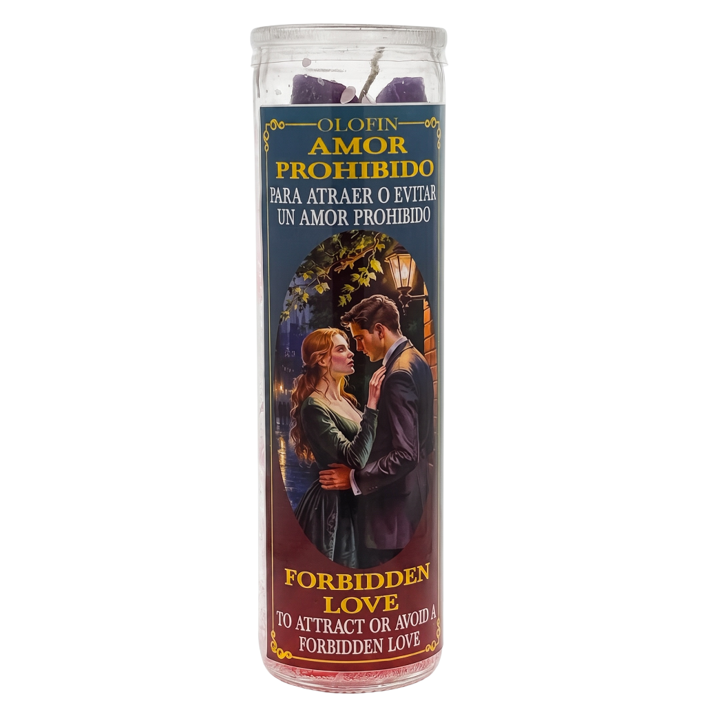 A tall glass jar candle labeled 'Olofin Amor Prohibido' with a romantic illustration of a couple on the front, shown against a plain white background.