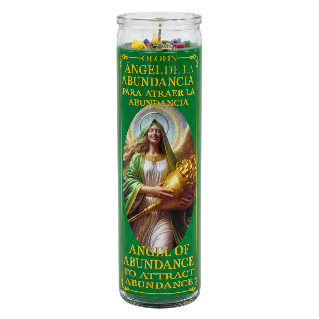 A tall glass prayer candle with a green label featuring an illustration of the Angel of Abundance. The label includes Spanish and English text reading 'Angel of Abundance to Attract Abundance' and shows a gold cornucopia.