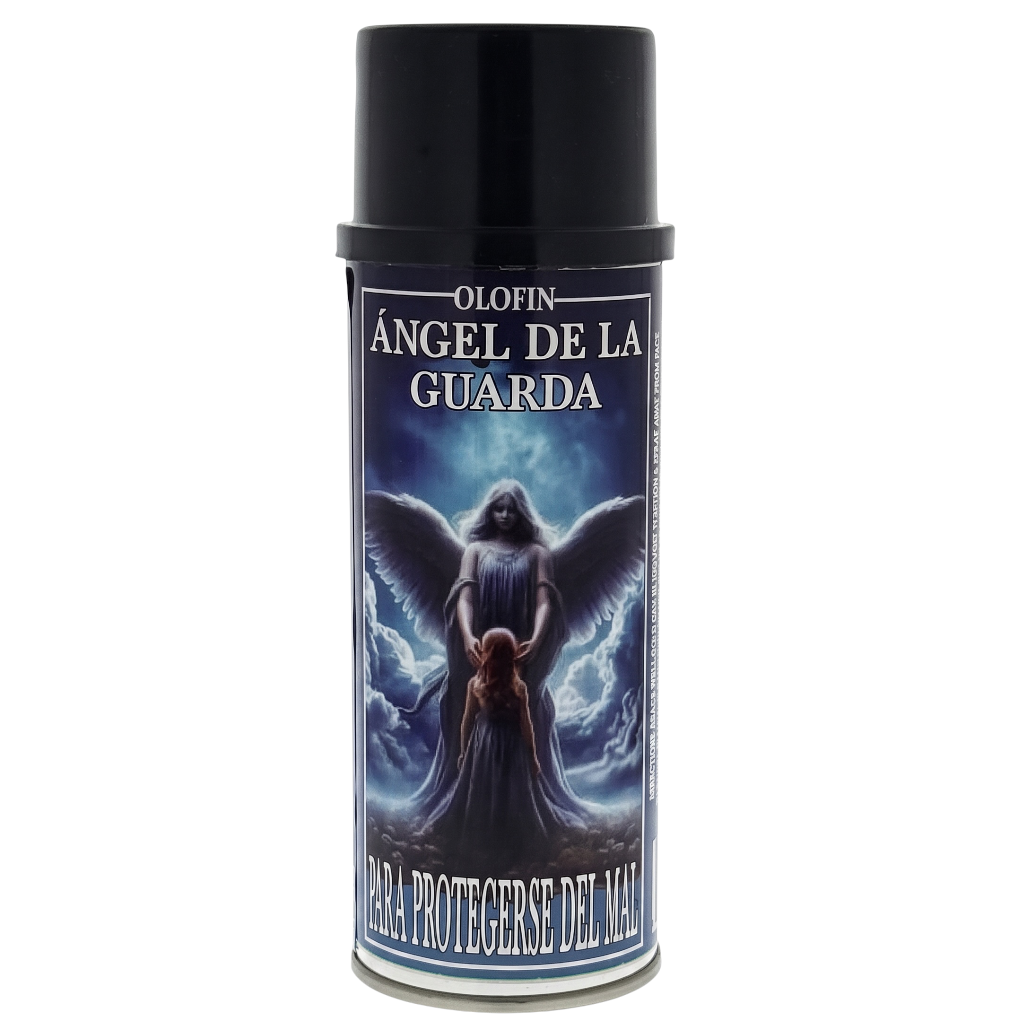 A can of Olofin Angel of the Guard protective spray, featuring a black cap and a label with an illustration of a winged angel holding a child against a stormy blue sky.