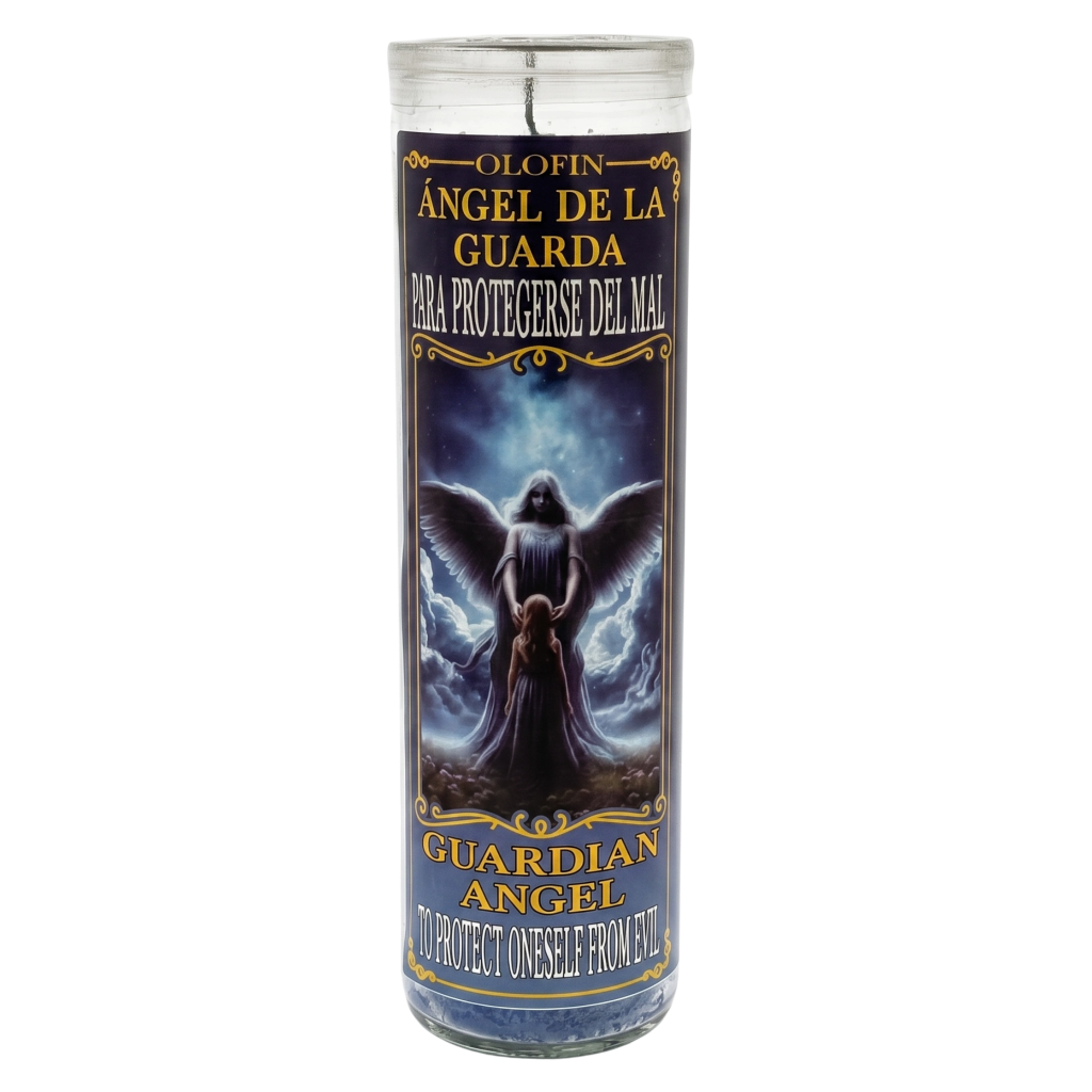 A tall glass prayer candle with a clear lid, featuring a dark label with the Guardian Angel design and Spanish and English text.
