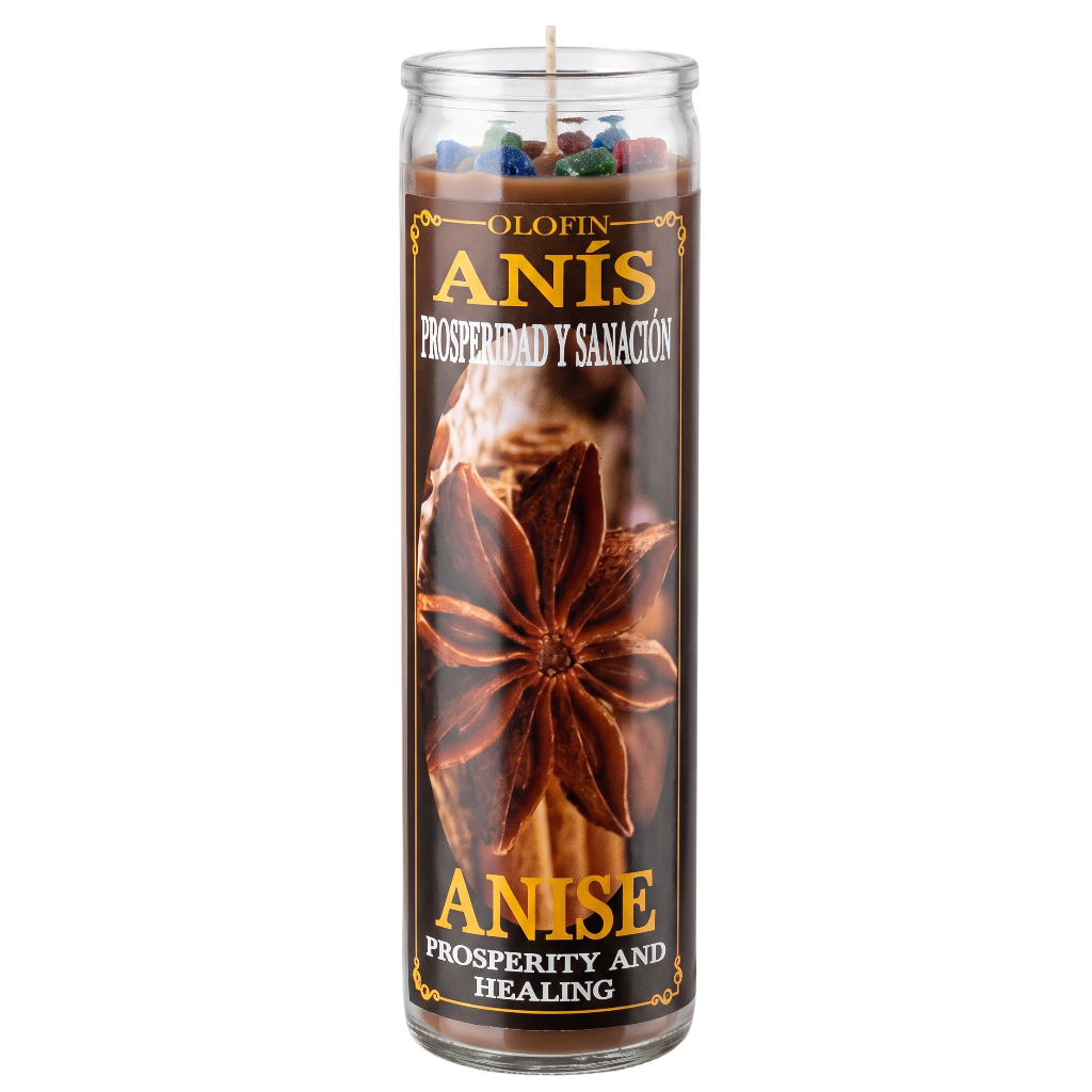 A tall glass jar candle labeled 'Anis Prosperity and Healing' with a brown star anise graphic on the front, shown against a plain white background.
