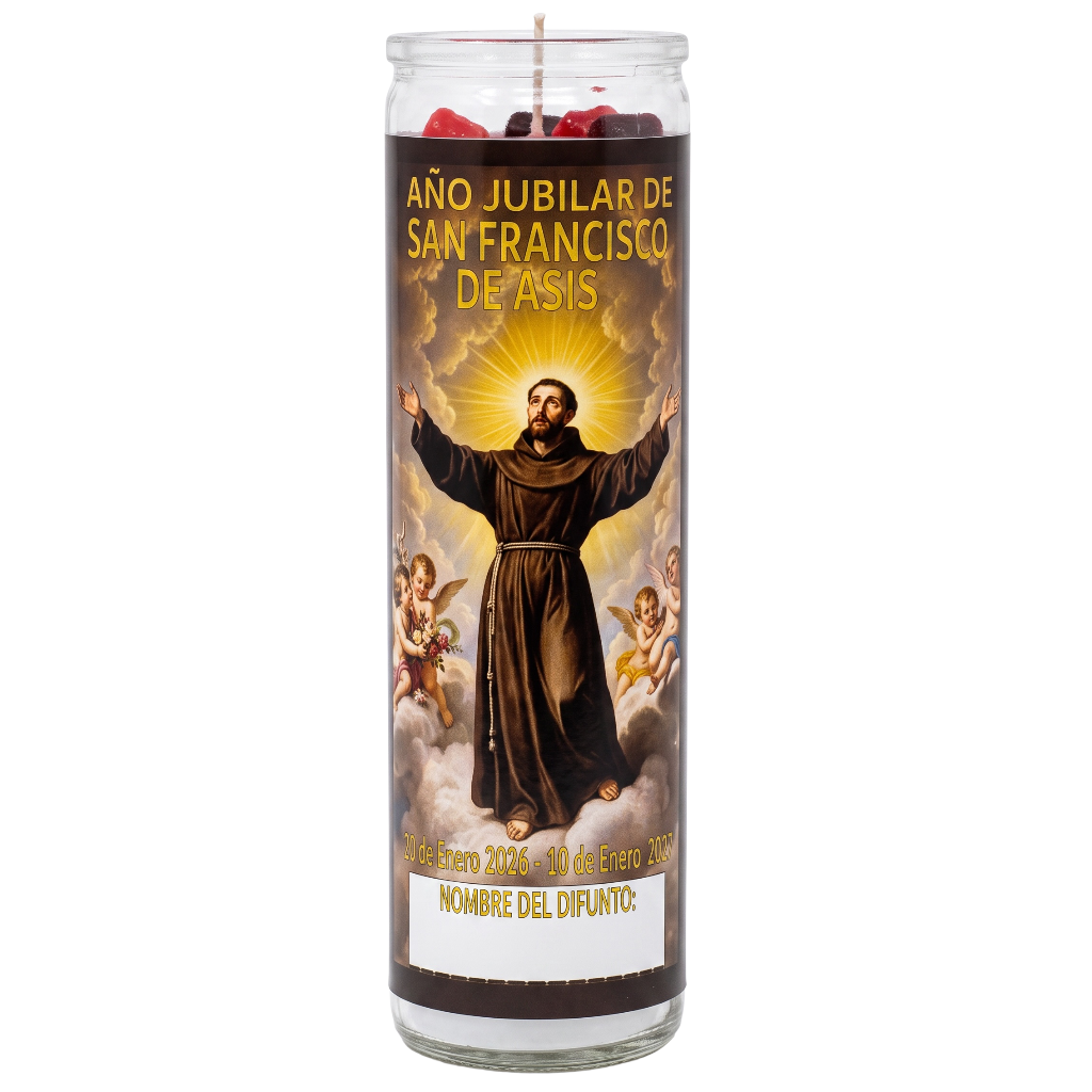 A tall glass devotional candle with a printed label featuring Saint Francisco of Assisi, Spanish text reading 'AÑo Jubilari de San Francisco de Asis,' and a white name label at the bottom, shown on a plain white background.
