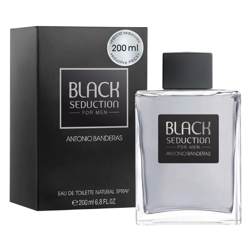 Antonio Banderas Black Seduction perfume bottle and packaging on a white background
