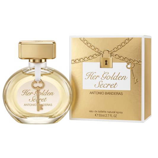 Perfume bottle and packaging of 'Her Golden Secret' by Antonio Banderas on a white background