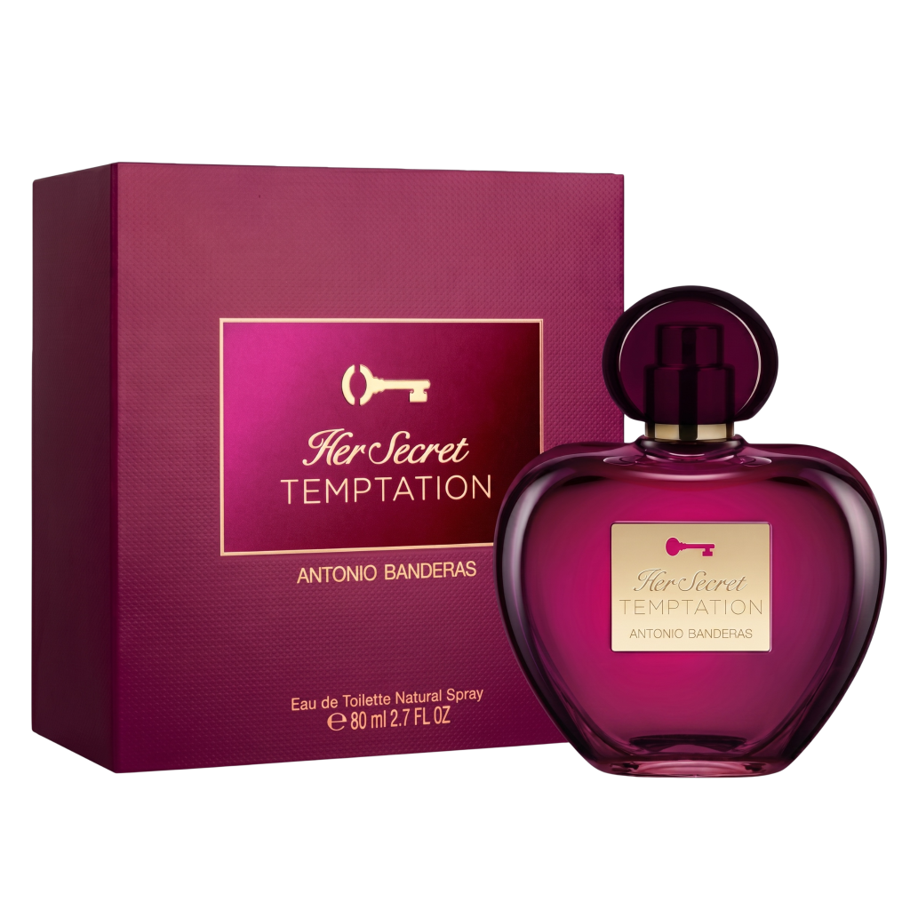 Perfume bottle and packaging of 'Her Secret Temptation' by Antonio Banderas on a white background
