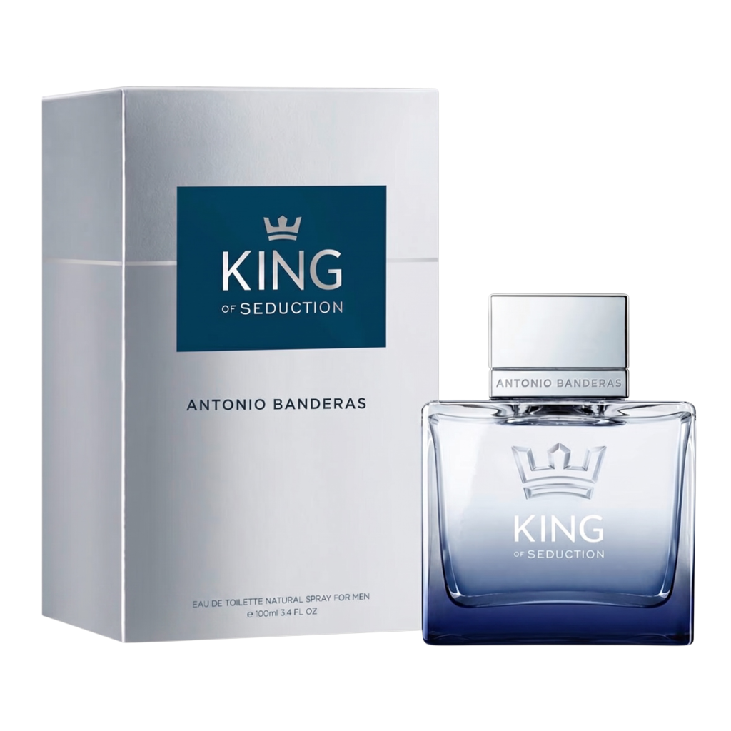 Antonio Banderas King of Seduction perfume bottle and packaging on a white background