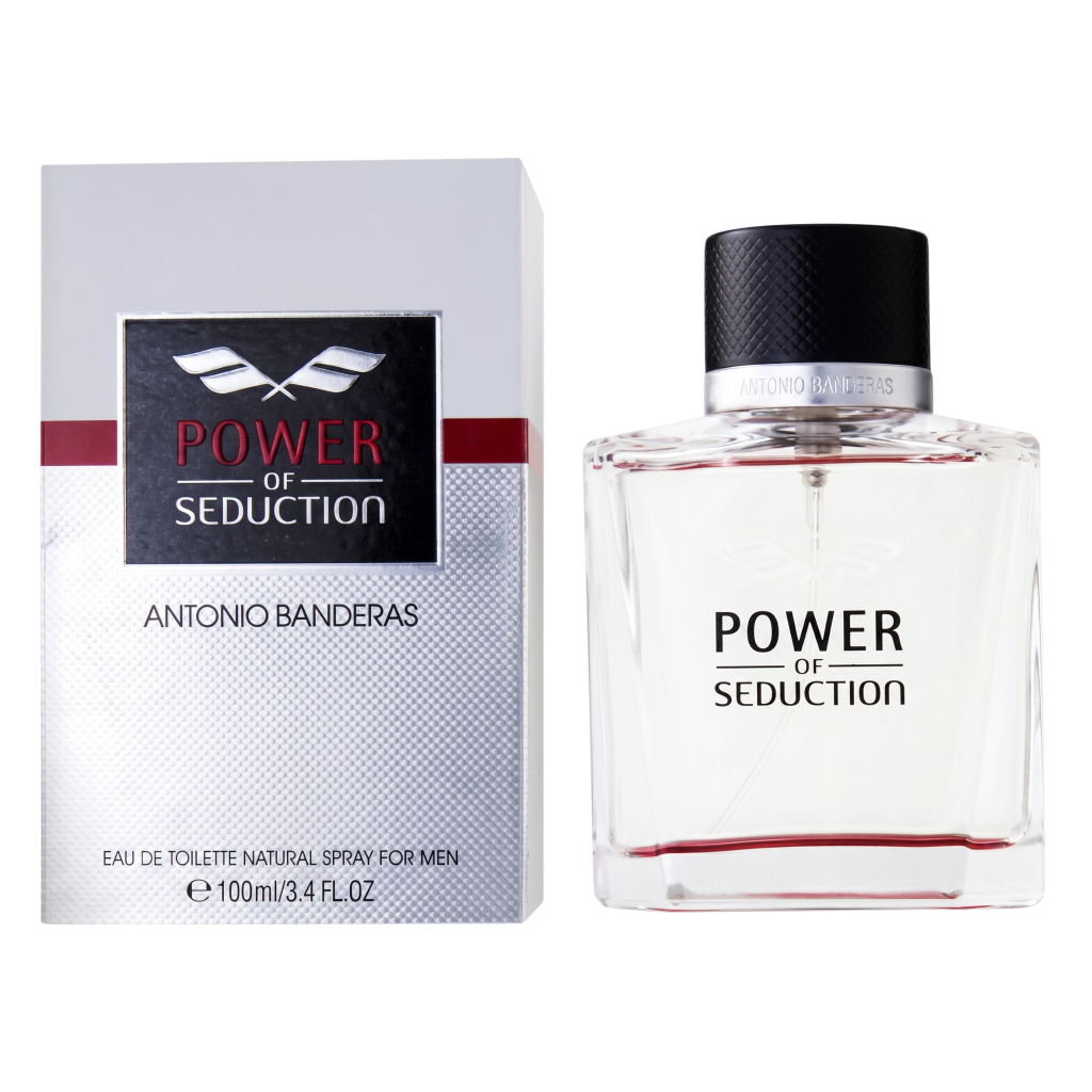 Perfume bottle and packaging of 'Power of Seduction' by Antonio Banderas on a white background