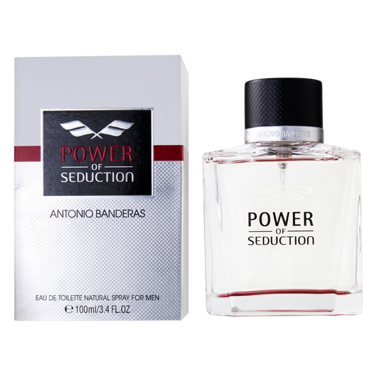 Perfume bottle and packaging of 'Power of Seduction' by Antonio Banderas on a white background