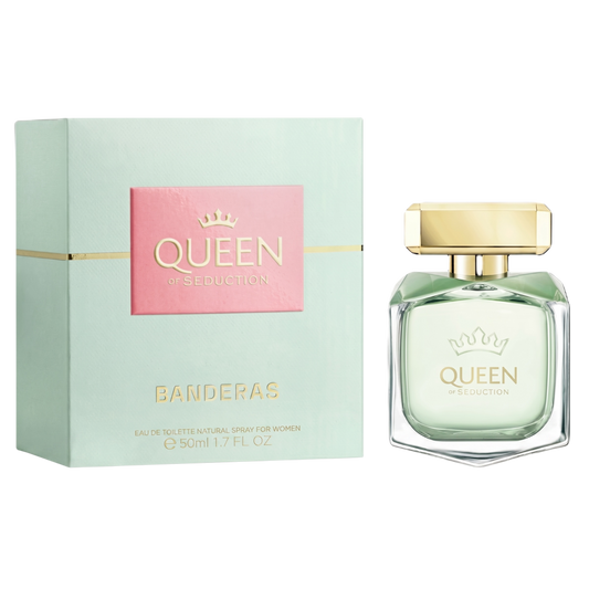 Banderas Queen of Seduction perfume bottle and packaging on a white background