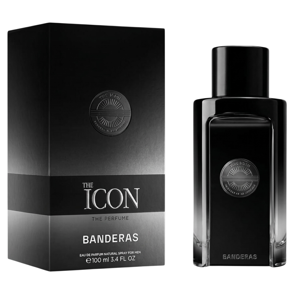 Black perfume bottle and packaging labeled 'The Icon' by Banderas on a white background