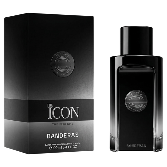 Black perfume bottle and packaging labeled 'The Icon' by Banderas on a white background