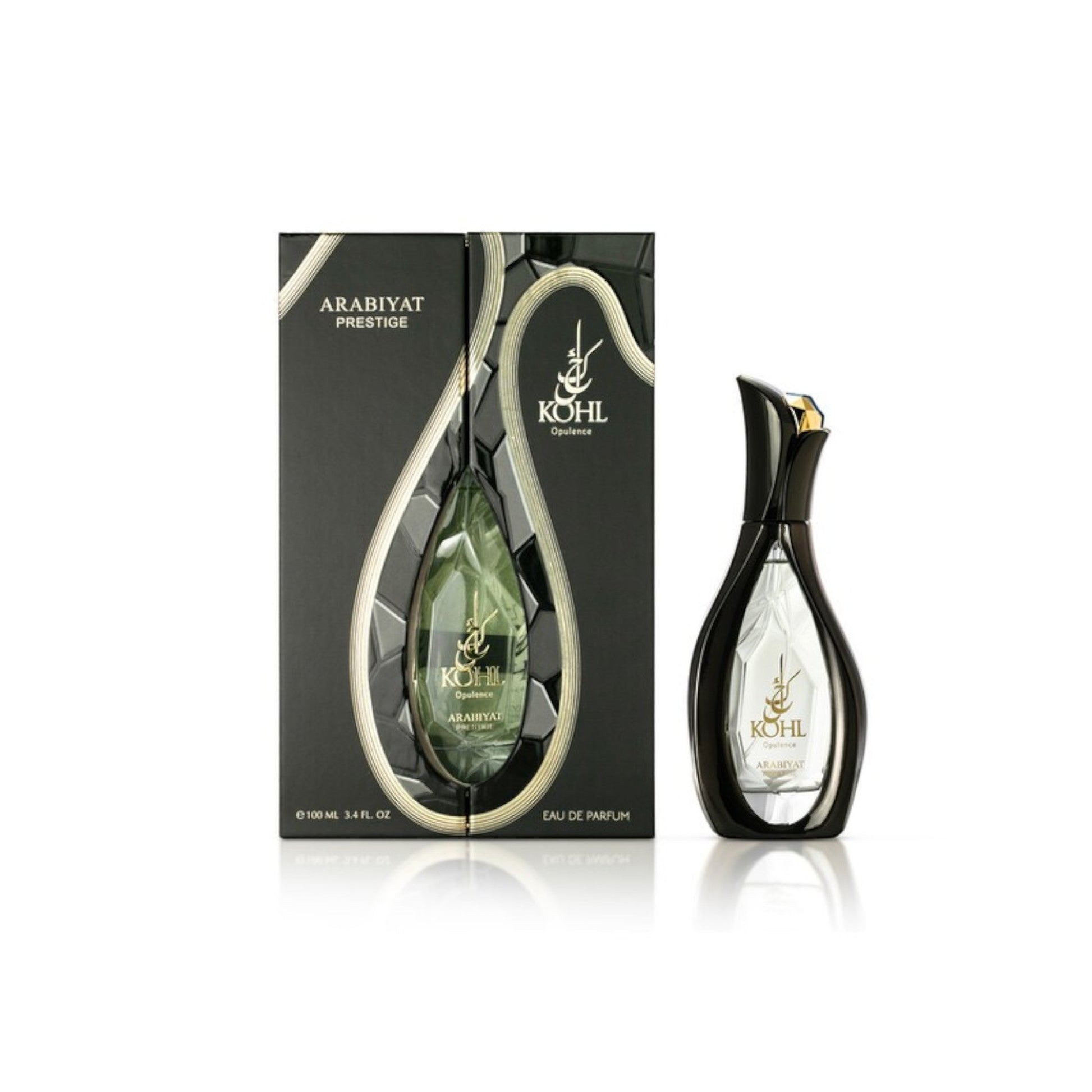Dubai Perfume LA Arabiyat Prestige Kohl Opulenc eau de parfum bottle and black decorative gift box