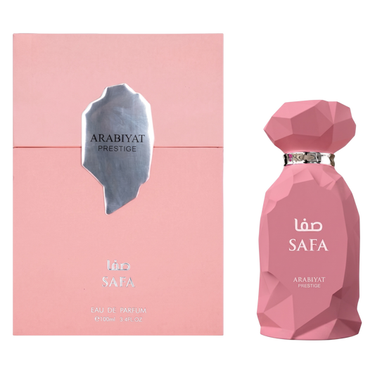 Pink perfume bottle and packaging with 'Arabiyat Prestige' branding on a white background
