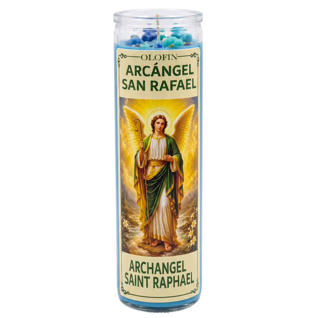 A tall glass devotional prayer candle with a printed label showing the Archangel Saint Raphael. The candle has blue wax visible at the top and a cream-colored label with green and gold text.