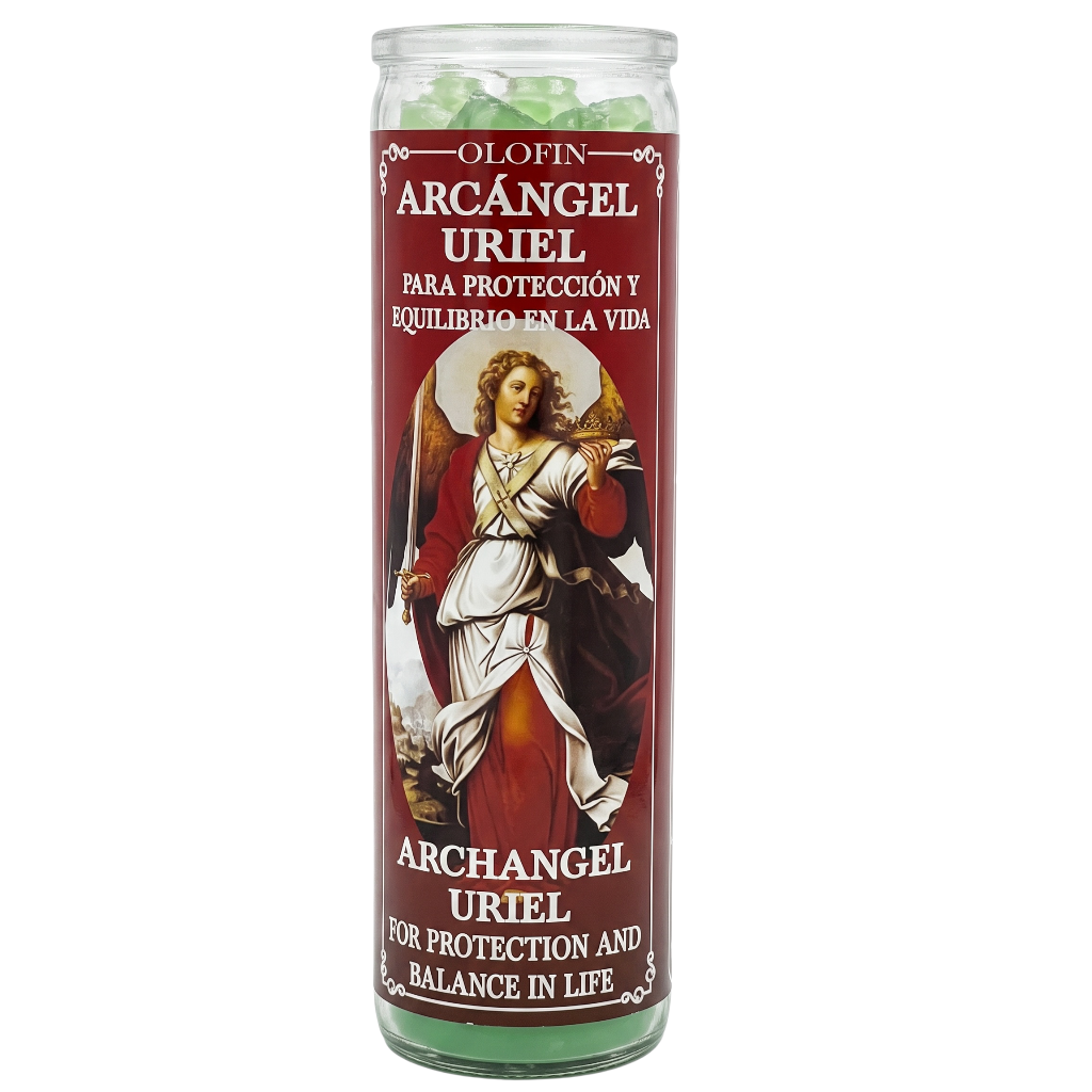 A tall glass jar prayer candle featuring a red label with an illustration of Archangel Uriel and Spanish and English text. The candle contains light green wax visible at the top and bottom.