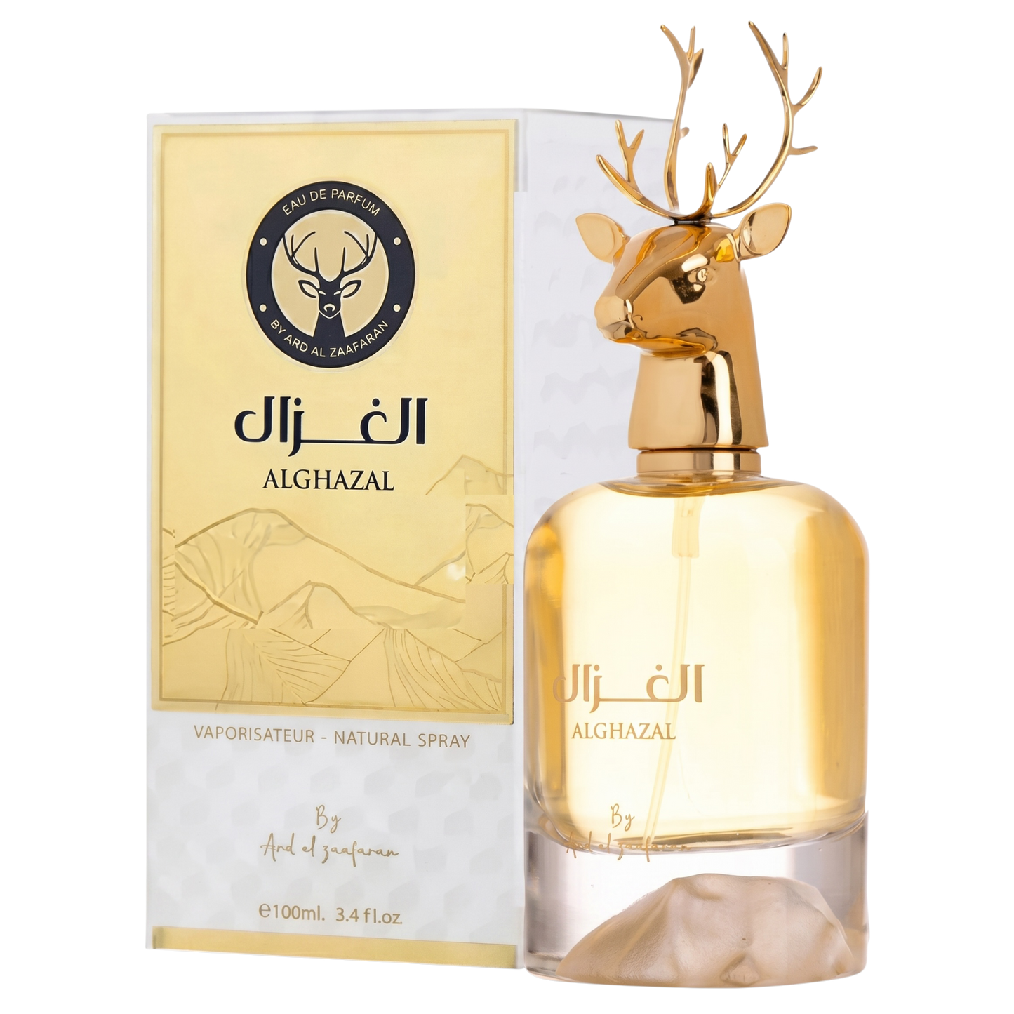 Gold perfume bottle with deer design and packaging on a white background