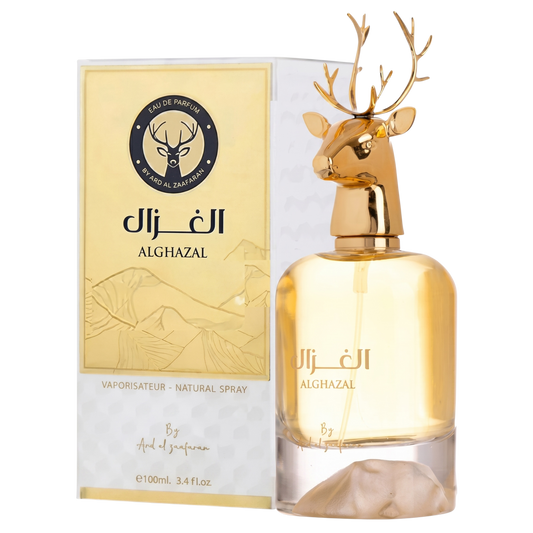 Gold perfume bottle with deer design and packaging on a white background