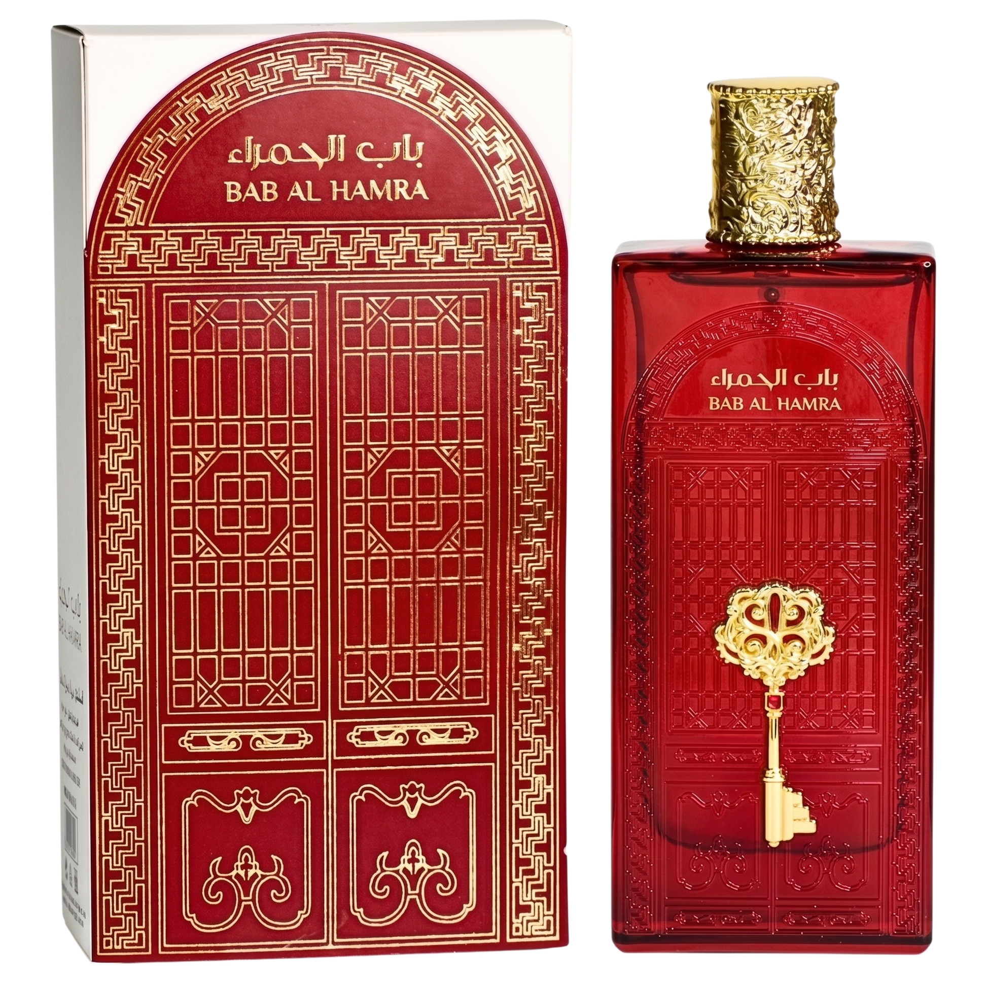 Red perfume bottle with gold accents and matching packaging on a white background