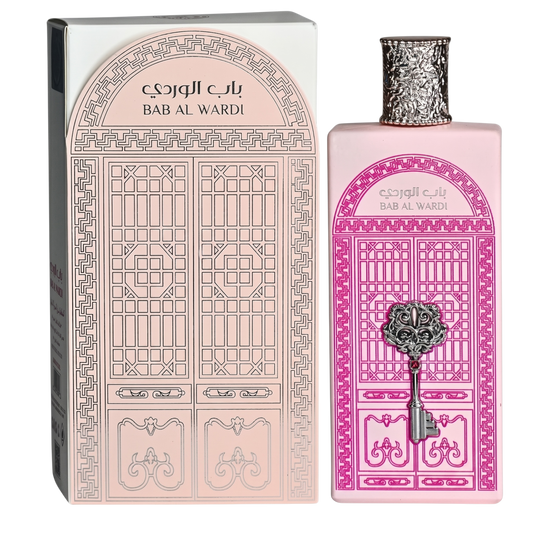 Bab Al Wardi perfume bottle and packaging with decorative design.