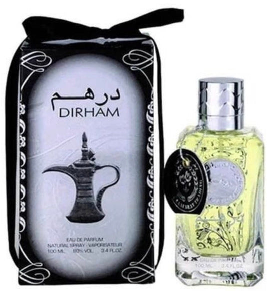 Perfume bottle with 'Dirham' packaging on a white background
