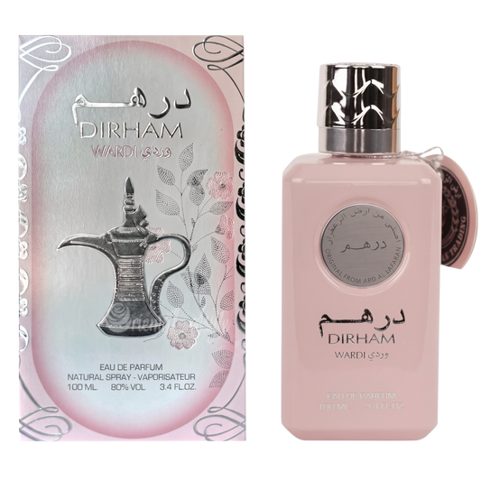 Dirham Wardi perfume bottle and packaging on a white background