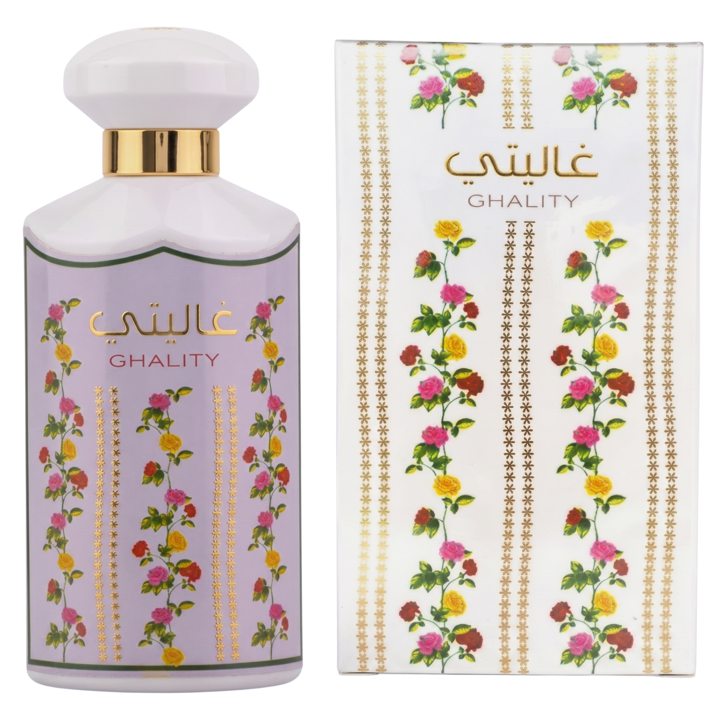 Ghality perfume bottle and packaging with floral design on a white background