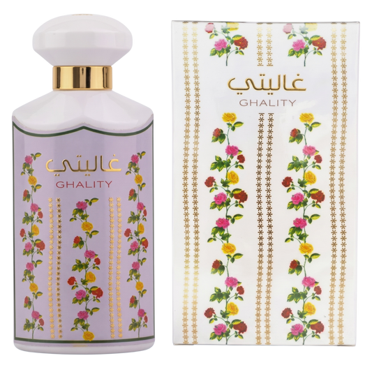Ghality perfume bottle and packaging with floral design on a white background