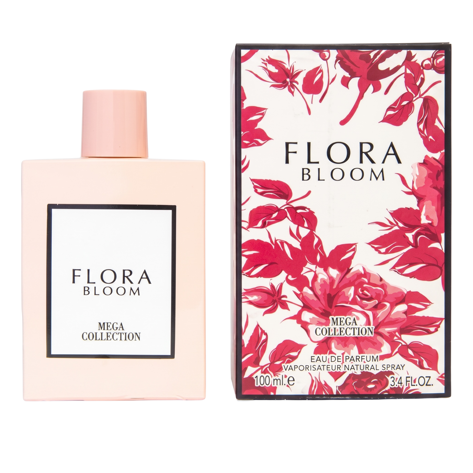 Flora Bloom perfume bottle and packaging on a white background