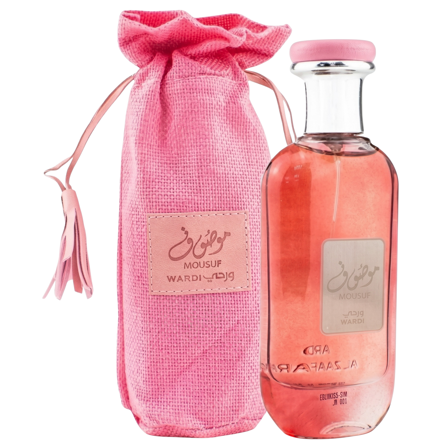 Pink perfume bottle and packaging with a label on a white background