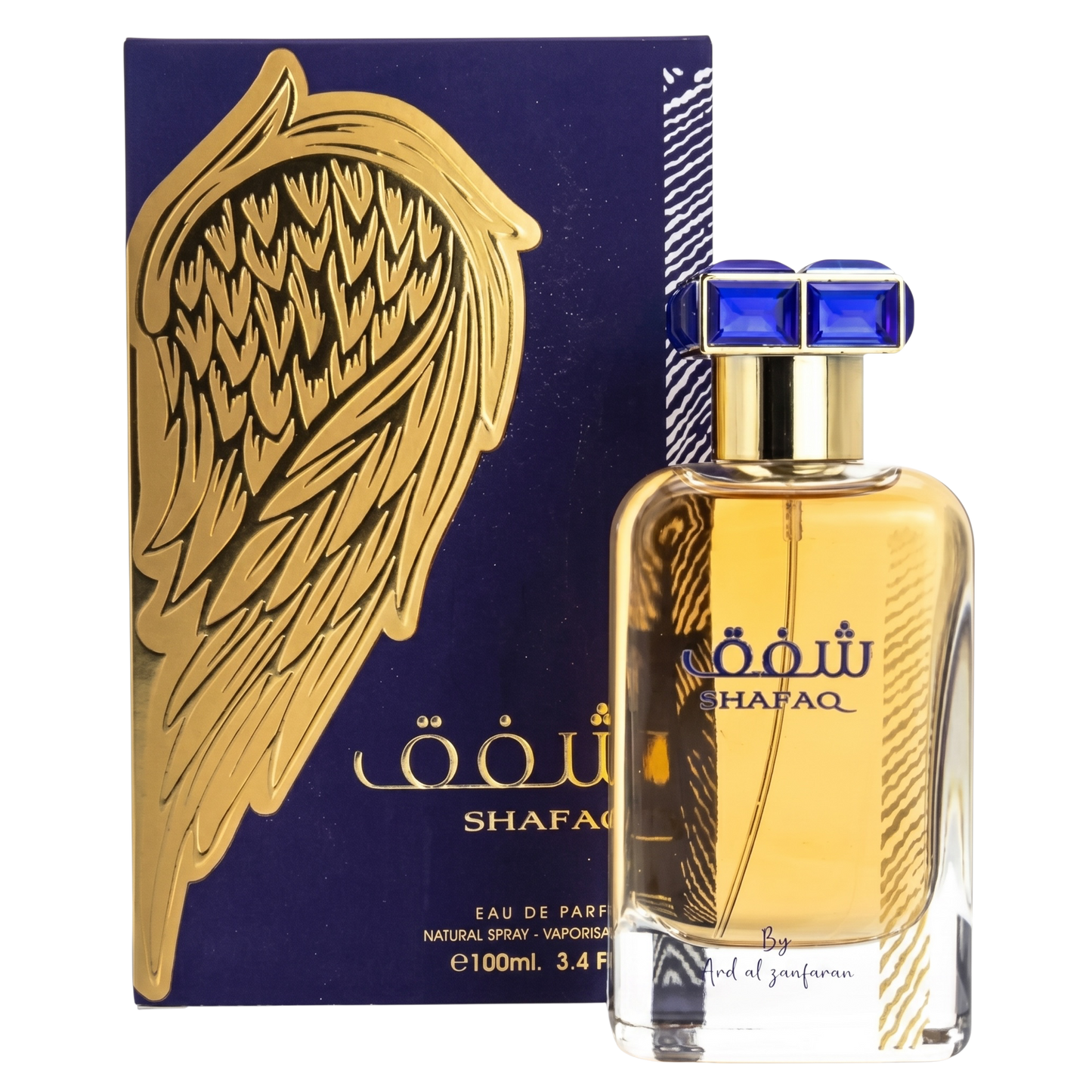 Shafaq perfume bottle with packaging featuring a gold wing design on a white background