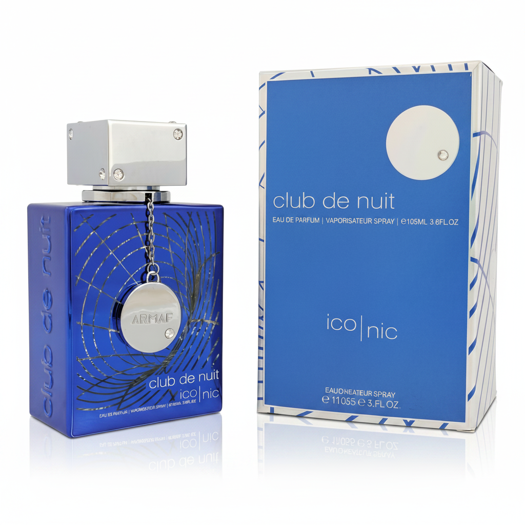 Blue perfume bottle and packaging labeled 'club de nuit' by 'ico nic' on a white background