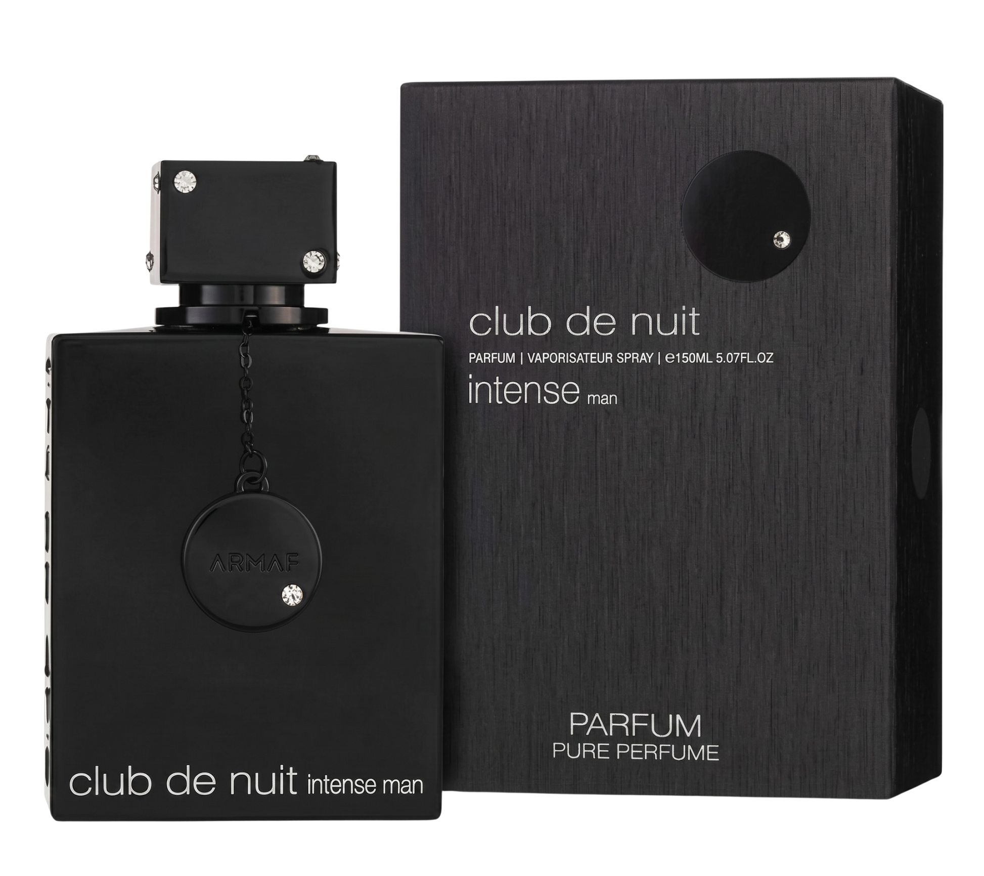 Black Armaf Club de Nuit Intense Man perfume bottle and packaging on a white background