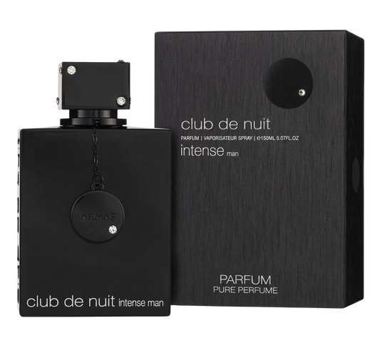 Black Armaf Club de Nuit Intense Man perfume bottle and packaging on a white background