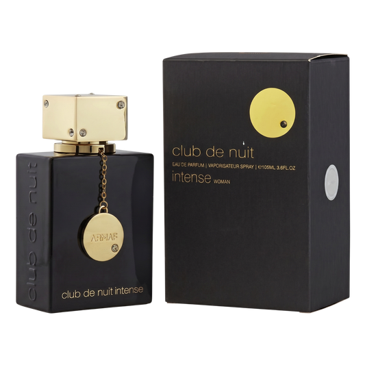 Black and gold 'club de nuit intense' perfume bottle and packaging on a white background