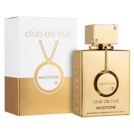 Gold Milestone Club de Nuit perfume bottle and packaging on a white background