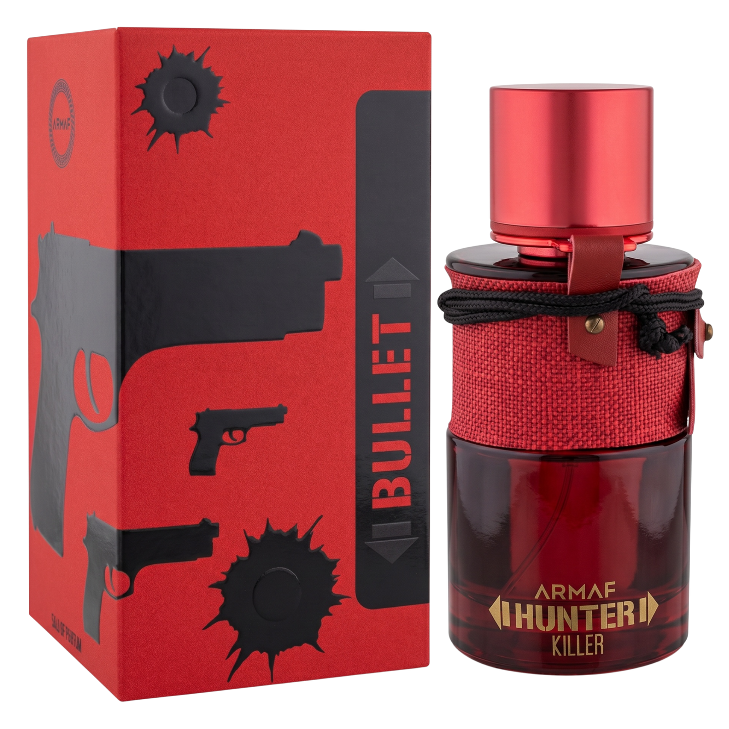 Red Armaf Hunter Killer perfume bottle with matching packaging on a white background