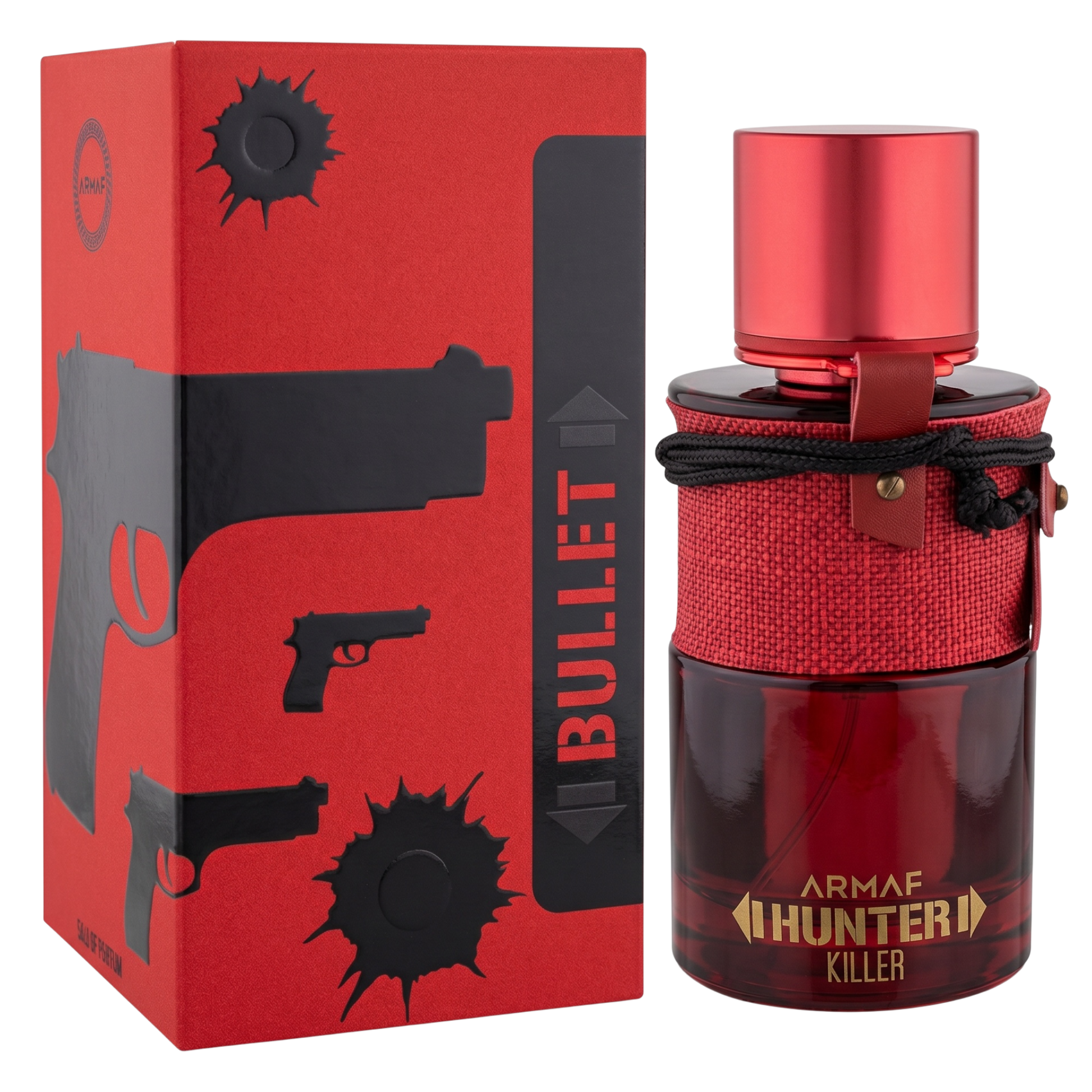 Red Armaf Hunter Killer perfume bottle with matching packaging on a white background