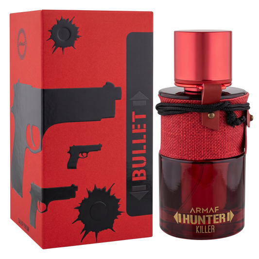 Red Armaf Hunter Killer perfume bottle with matching packaging on a white background