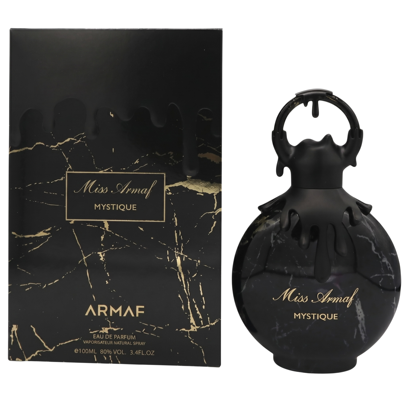 Black marble-textured Armaf Miss Armaf Mystique perfume bottle and packaging on a white background