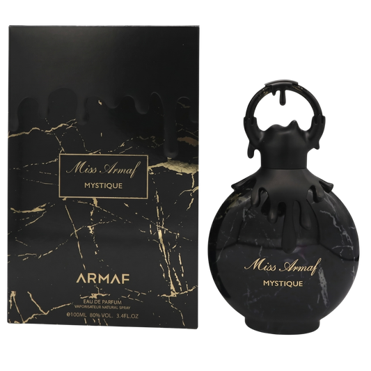 Black marble-textured Armaf Miss Armaf Mystique perfume bottle and packaging on a white background