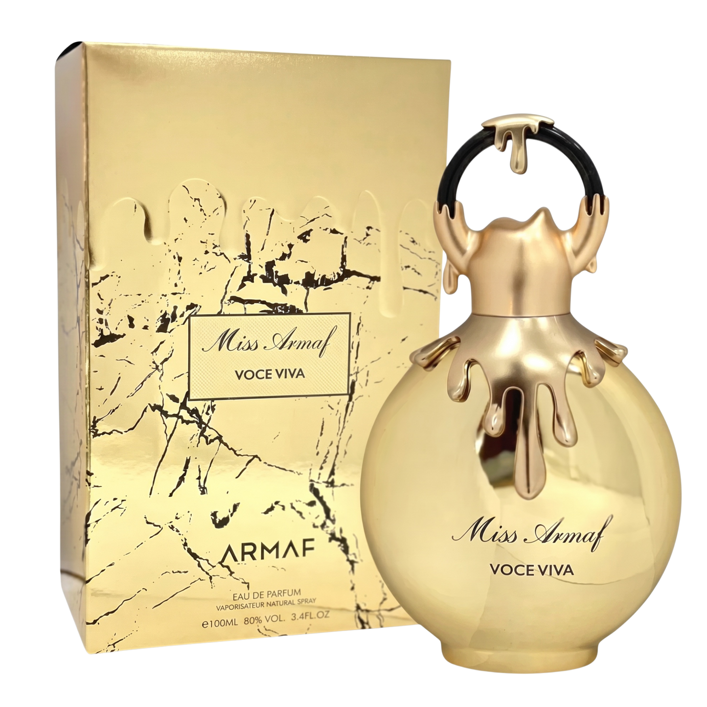 Gold Armaf Miss Armaf Voce Viva perfume bottle and packaging on a white background