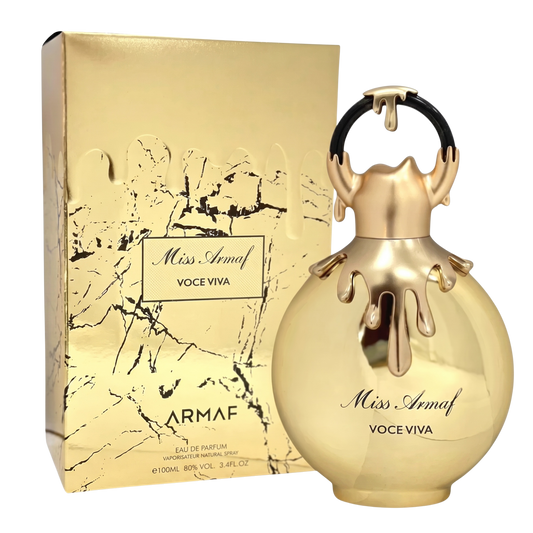 Gold Armaf Miss Armaf Voce Viva perfume bottle and packaging on a white background