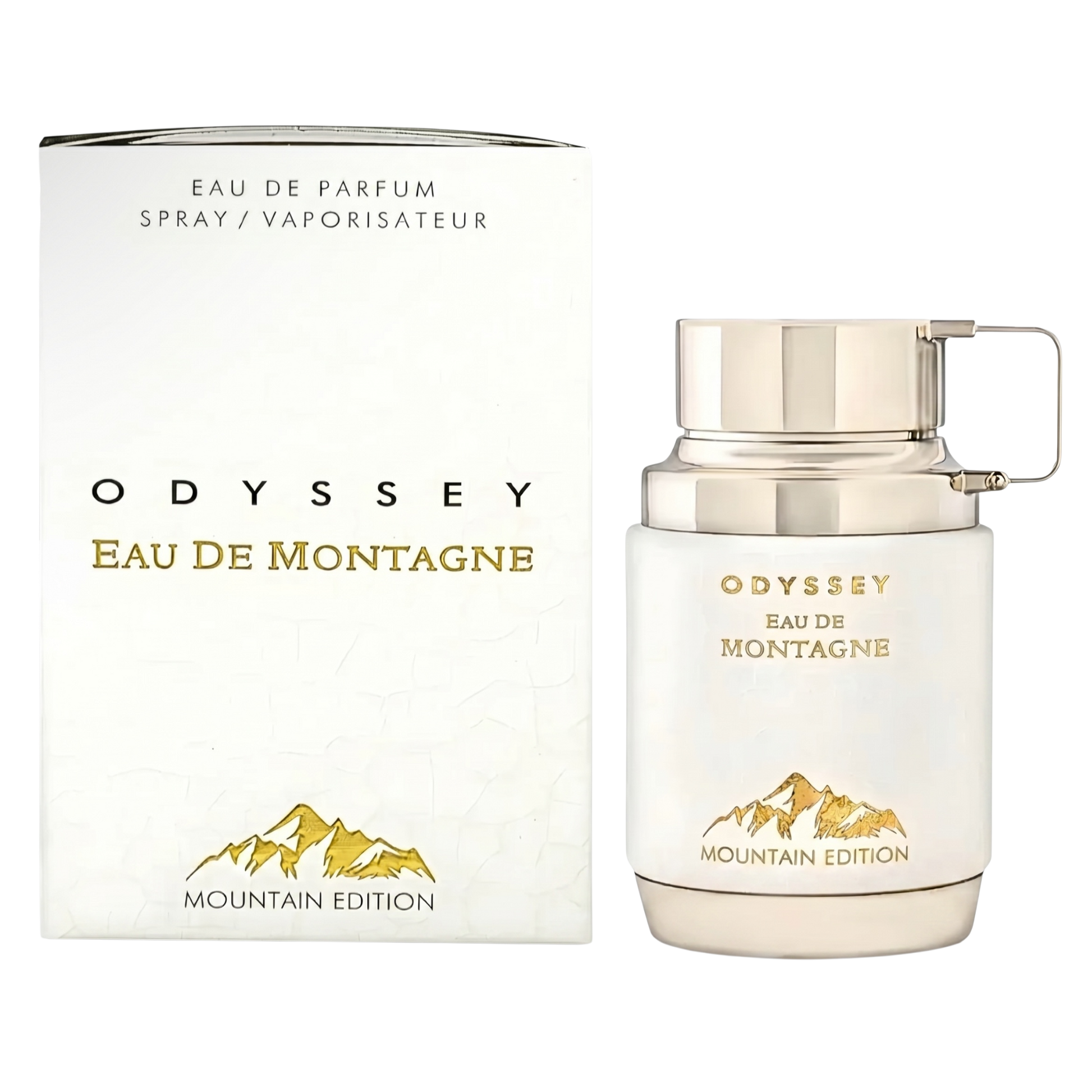 Odyssey Eau De Montagne perfume bottle and packaging on a white background