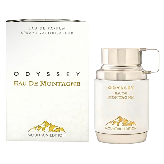 Odyssey Eau De Montagne perfume bottle and packaging on a white background