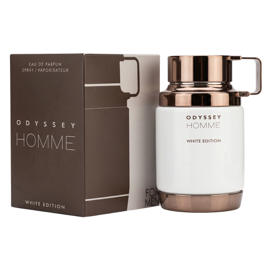 Odyssey Homme White Edition perfume bottle and packaging on a white background