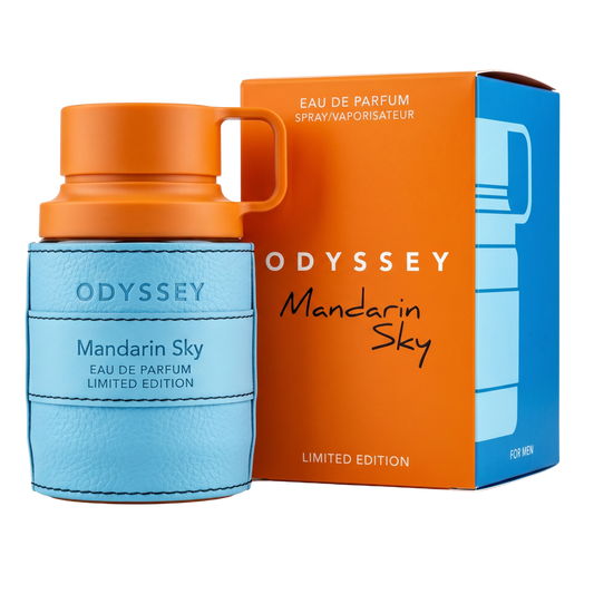 Odyssey Mandarin Sky Eau de Parfum with packaging on a white background